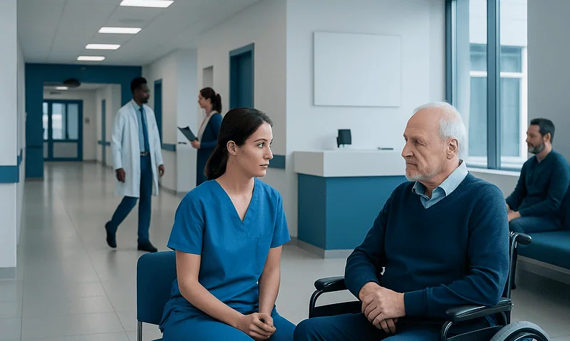 Healthcare professional consulting elderly patient in hospital corridor.