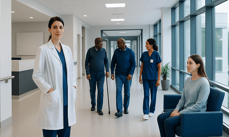 Healthcare professionals and patient in a modern hospital corridor.