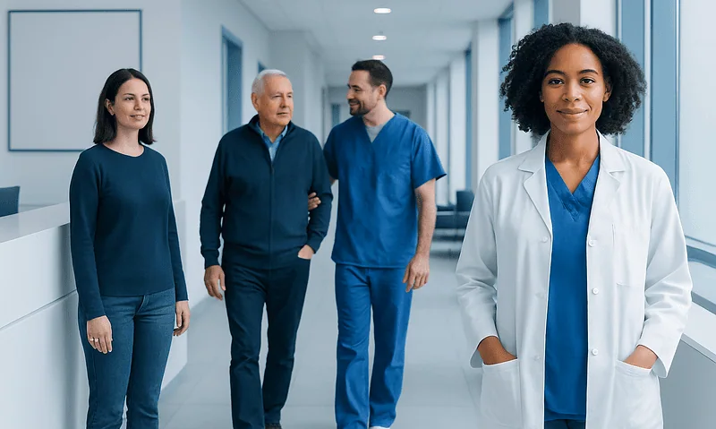 Diverse medical team in hospital corridor with a female doctor in foreground.