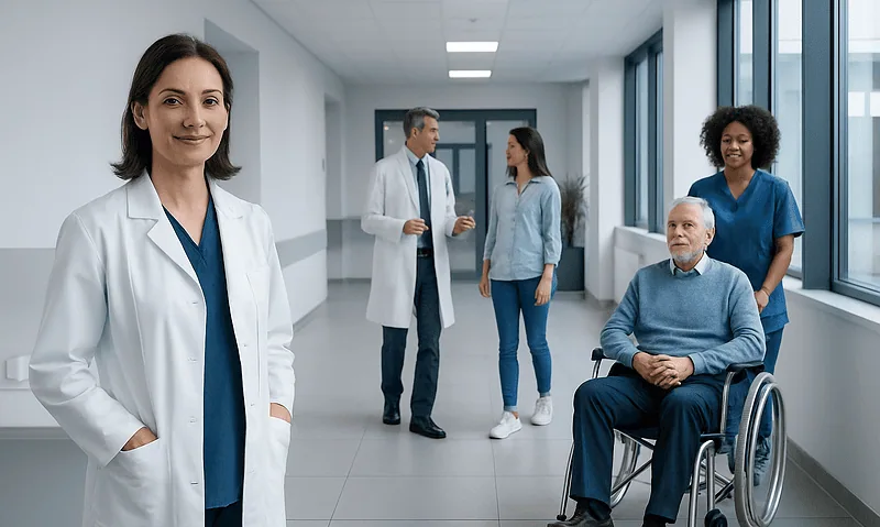 Medical team in hospital corridor with patient in wheelchair.