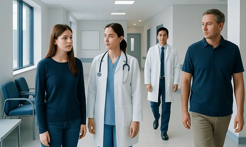 Medical team walking in hospital corridor with patients and doctors.