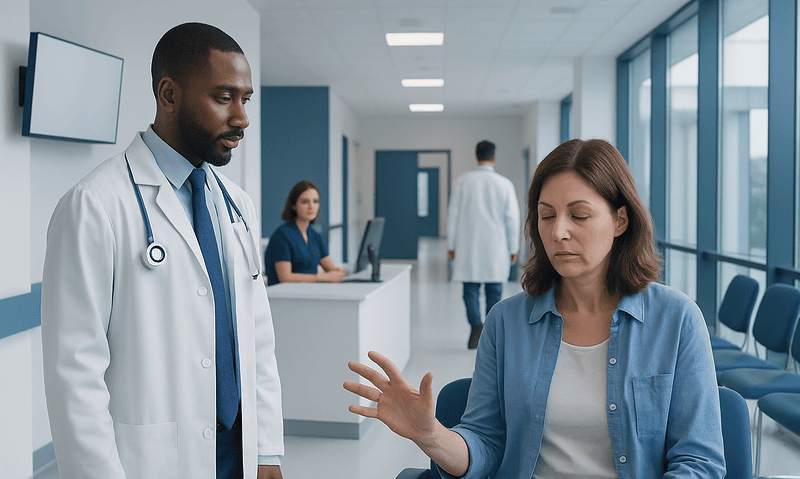 Doctor examining a patient in a modern hospital corridor.