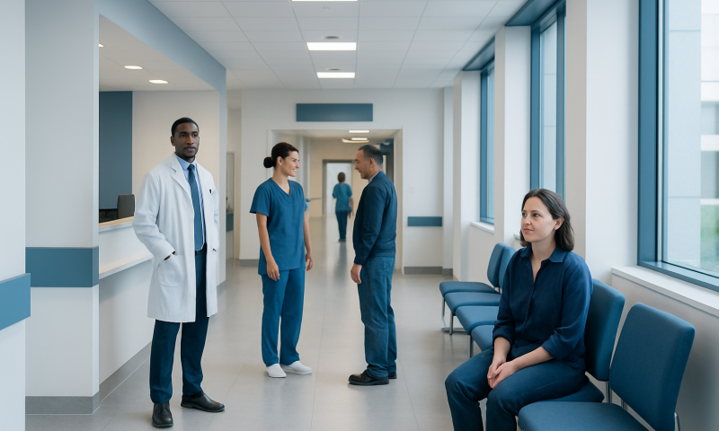 Hospital corridor with medical staff and patient in a modern healthcare facility.