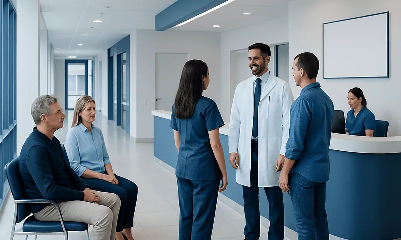Medical team consulting with patients in a modern hospital corridor.