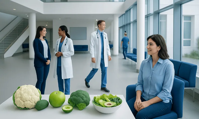 Healthcare professionals and patient in modern hospital lobby with fresh vegetables and fruits.