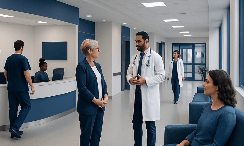 Medical staff and patients in a modern hospital corridor at Acibadem Hospitals Group.