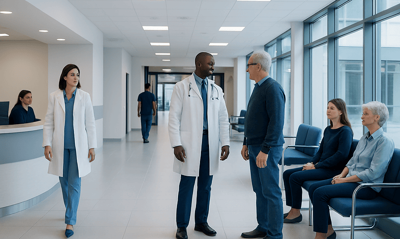 Medical professionals and patients in a modern hospital corridor.