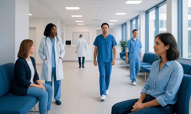 Medical team in hospital corridor with patients and staff.