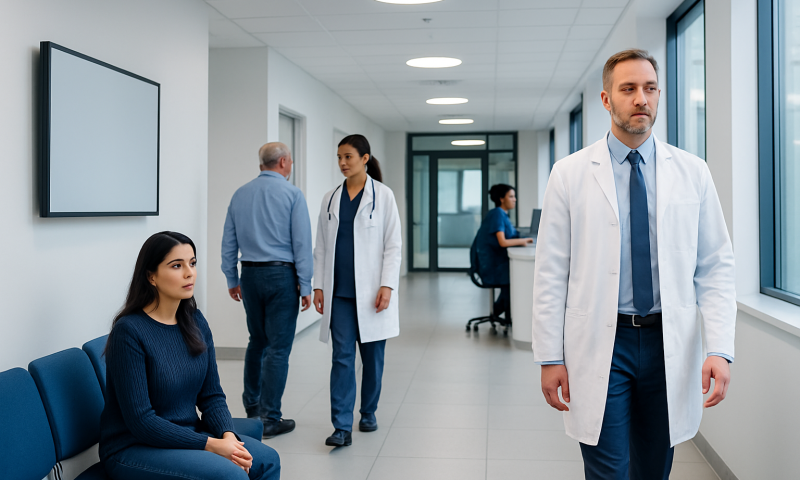 Medical professionals and patient in a modern hospital corridor.
