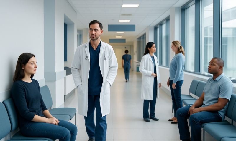 Medical consultation in a modern hospital corridor with doctors and patients.