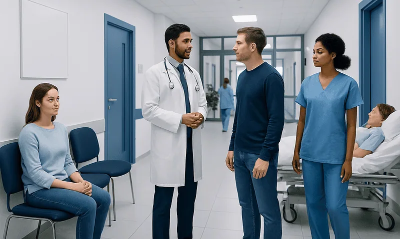 Doctor consulting with patients in hospital corridor.