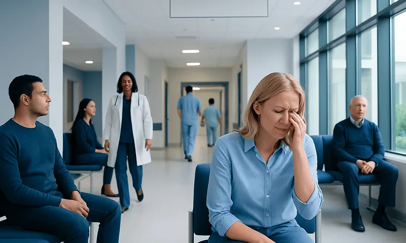Woman experiencing eye discomfort in a hospital waiting area.