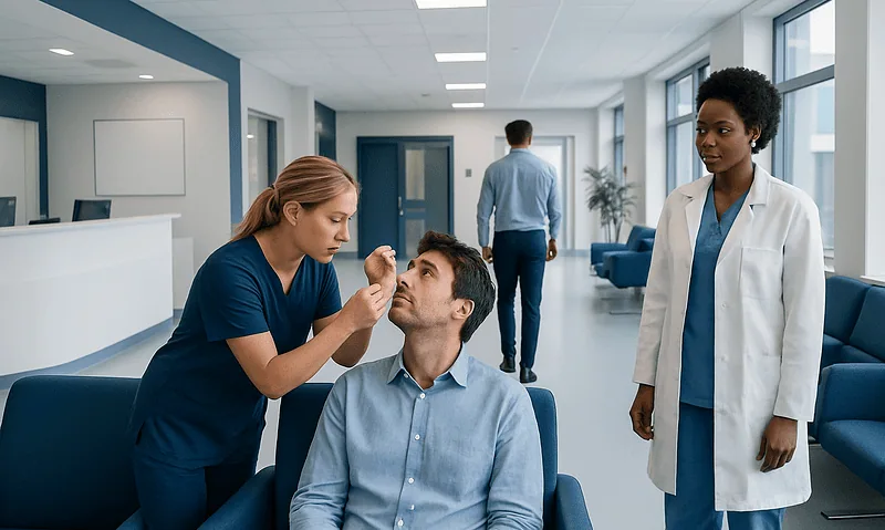 Medical professional administering eye exam to patient in hospital corridor.