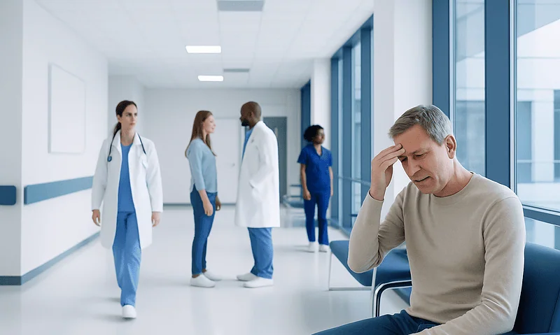 Man with headache in hospital corridor with medical staff in background.