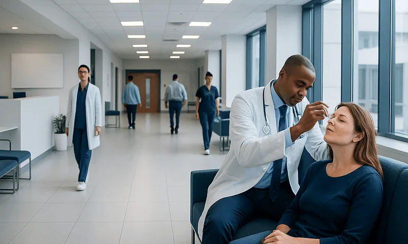 Doctor examining a patient's eye in a modern hospital corridor.