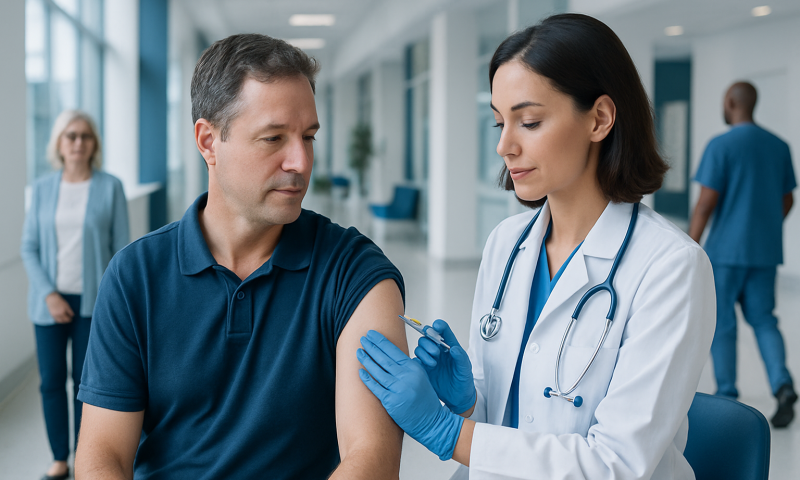 Doctor administering allergy shot to patient in hospital corridor.