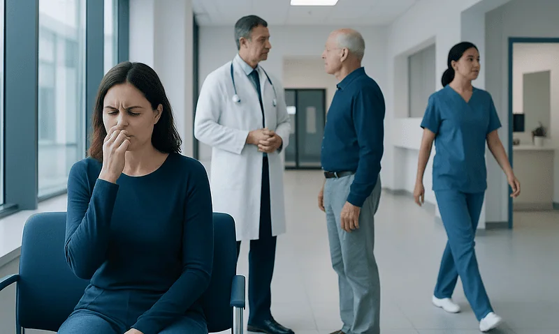 Patient experiencing allergy symptoms in a hospital waiting area.
