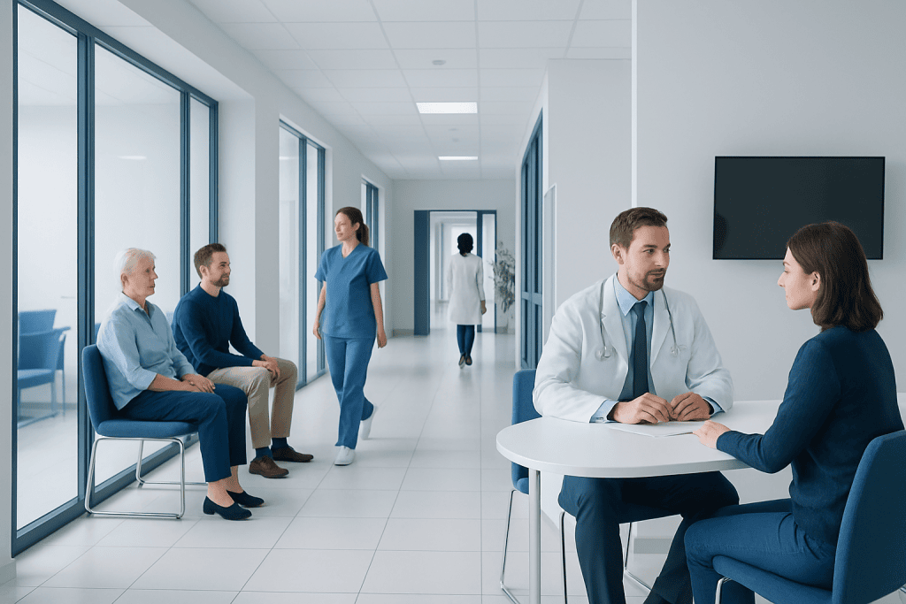 Allergy Testing: What Patients Need to Know 1 Medical consultation in a modern hospital corridor with patients and doctors.