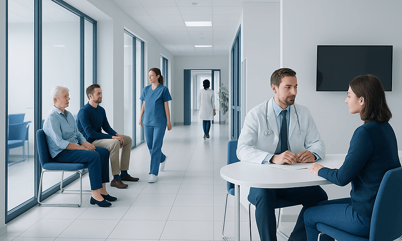 Medical consultation in a modern hospital corridor with patients and doctors.