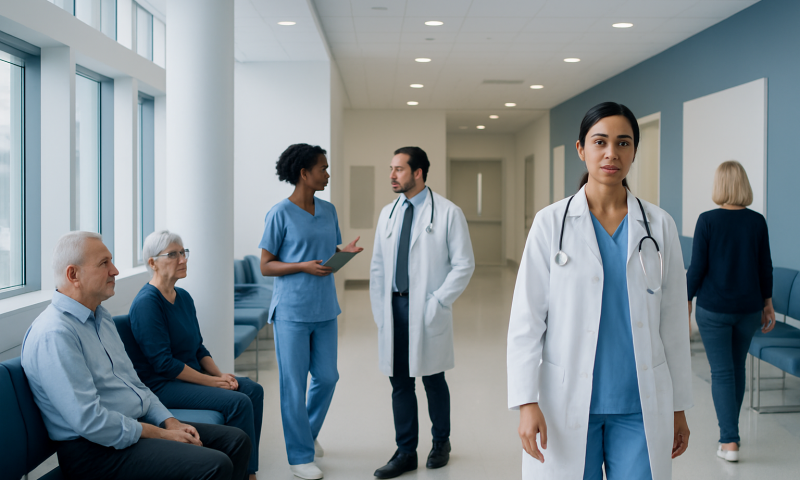 Healthcare professionals and patients in a hospital corridor.