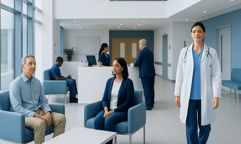 Patients waiting in a modern hospital lobby with medical staff present.