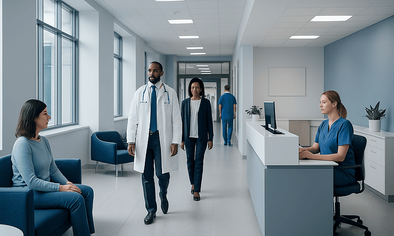 Medical professionals and patients in a modern hospital corridor.
