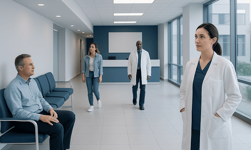 Medical professionals and patient in a hospital corridor with large windows.