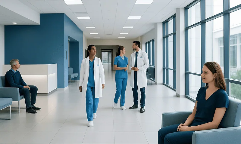 Healthcare professionals and patients in a modern hospital corridor.
