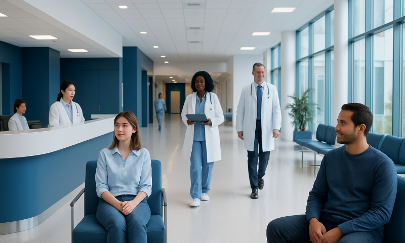 Patients waiting in a modern hospital corridor with medical staff nearby.