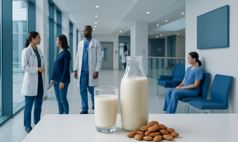 Medical professionals discuss almond milk benefits in a hospital setting.