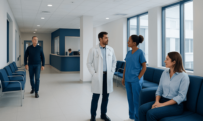 Healthcare professionals and patient in a modern hospital corridor.