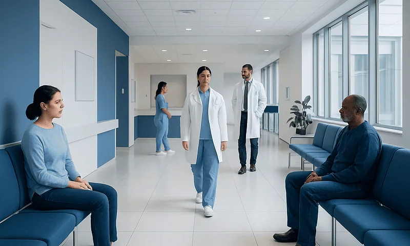 Hospital waiting area with medical staff and patients at Acibadem Hospitals Group.