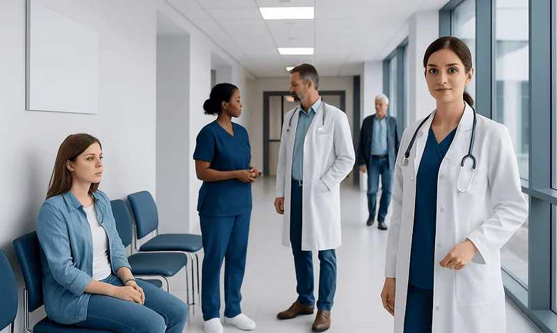 Healthcare professionals and patients in a hospital corridor.