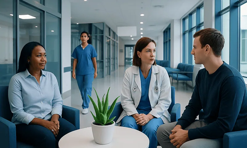 Medical consultation in a modern hospital corridor with healthcare professionals and a patient.