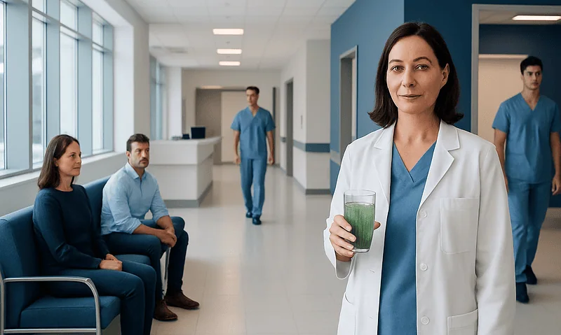 Healthcare professionals in a hospital corridor with a doctor holding a green juice.