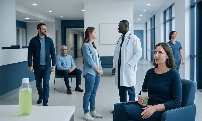 Medical consultation in a modern hospital waiting area with diverse patients and staff.