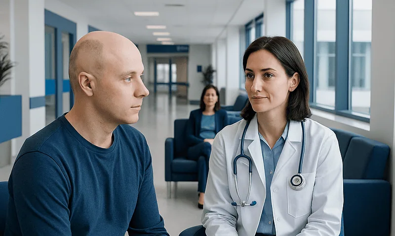 Doctor consulting with patient in hospital corridor.