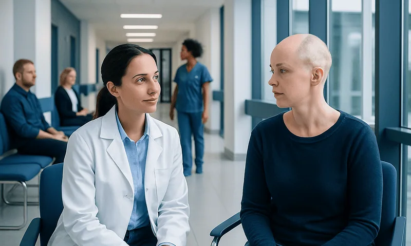 Doctor consulting a patient in a hospital corridor for alopecia concerns.
