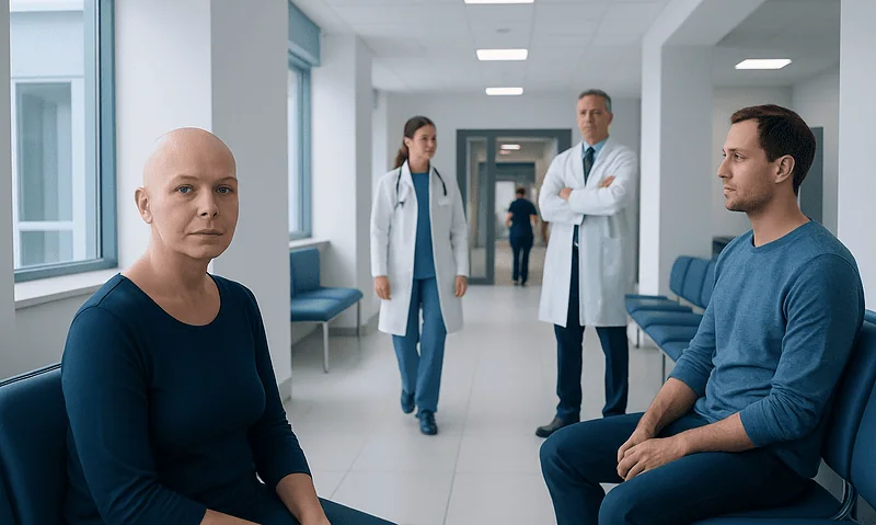 Patient with alopecia in a hospital waiting area with medical staff nearby.