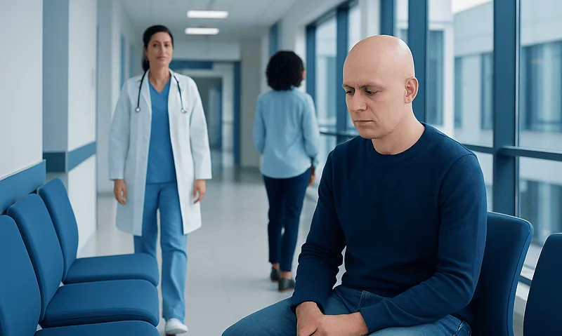 Alopecia Symptoms: Early Signs and When to See a Doctor 15 Bald man waiting in hospital corridor with doctor and nurse nearby.