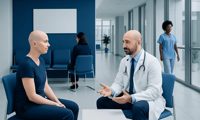 Doctor consulting with a patient in a modern hospital waiting area.