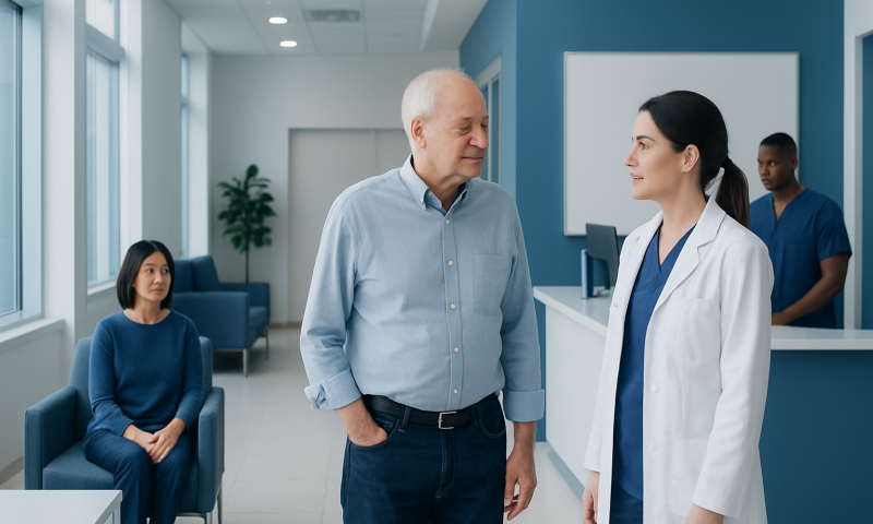 Doctor talking to an elderly patient in a hospital waiting area.