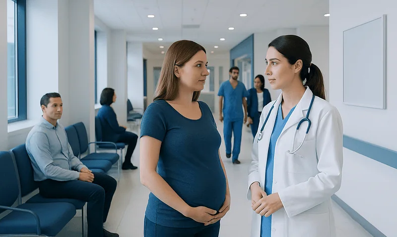 Pregnant woman consulting with a doctor in a hospital corridor.