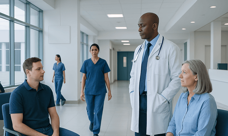 Doctor consulting with patient and family in hospital corridor.
