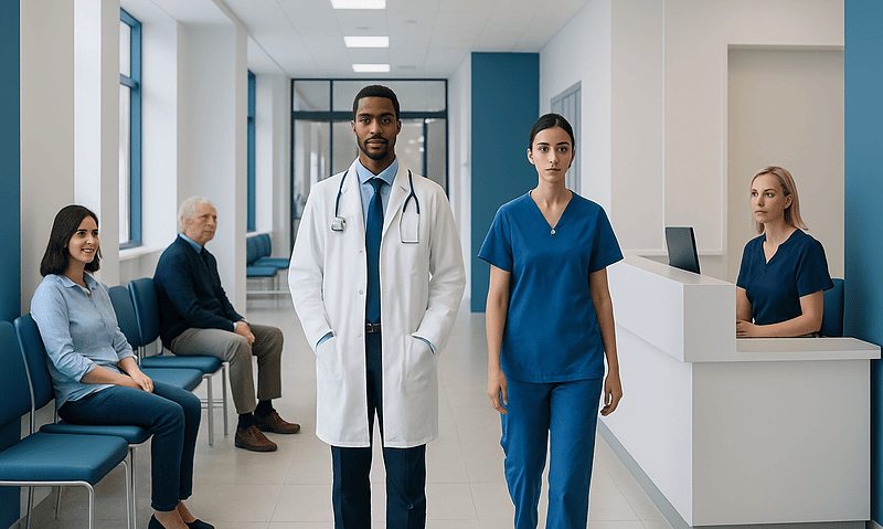 Diverse medical team in hospital corridor with patients and staff.