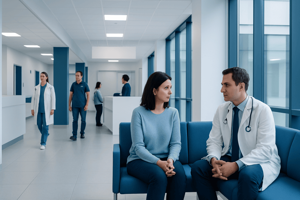 Alport Syndrome: Diagnosis, Outlook, and Modern Treatment Approaches 1 Doctor consulting a patient in a modern hospital corridor.