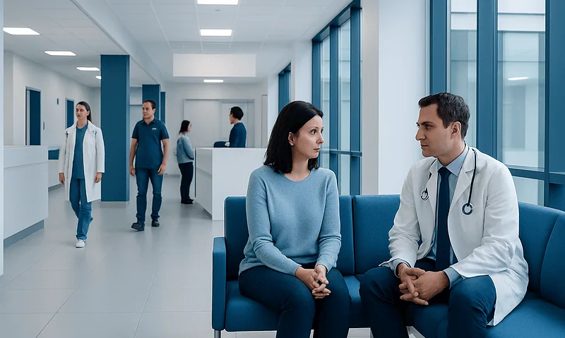Doctor consulting a patient in a modern hospital corridor.