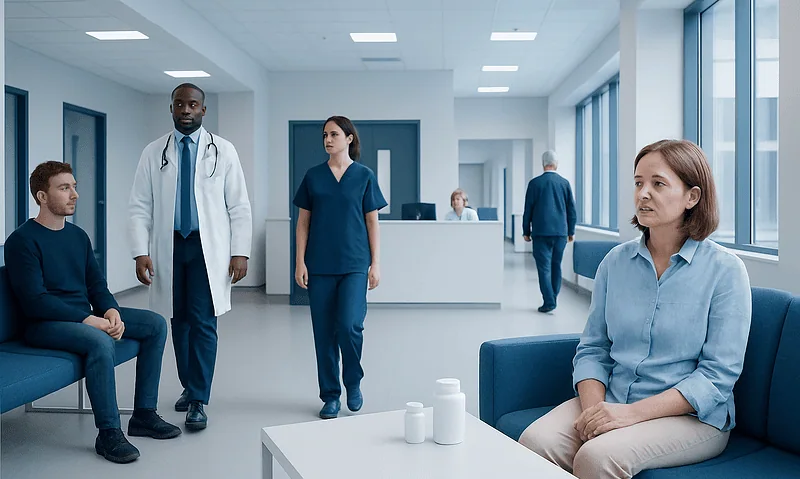 Patients and medical staff in a modern hospital waiting area.