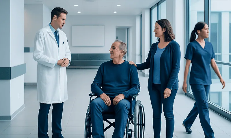 Doctor consulting with elderly patient in wheelchair at hospital.