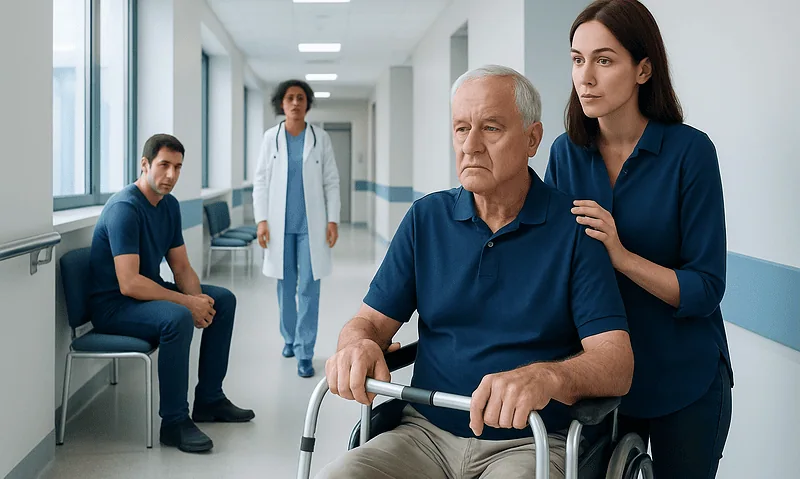 Elderly man in wheelchair with caregiver and medical staff in hospital corridor.